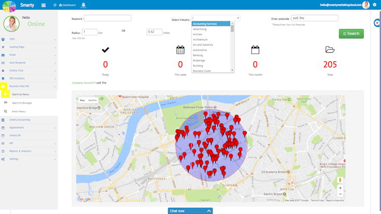 Smarty screenshot: Find businesses in any area, in any industry, and with your own personalized keywords