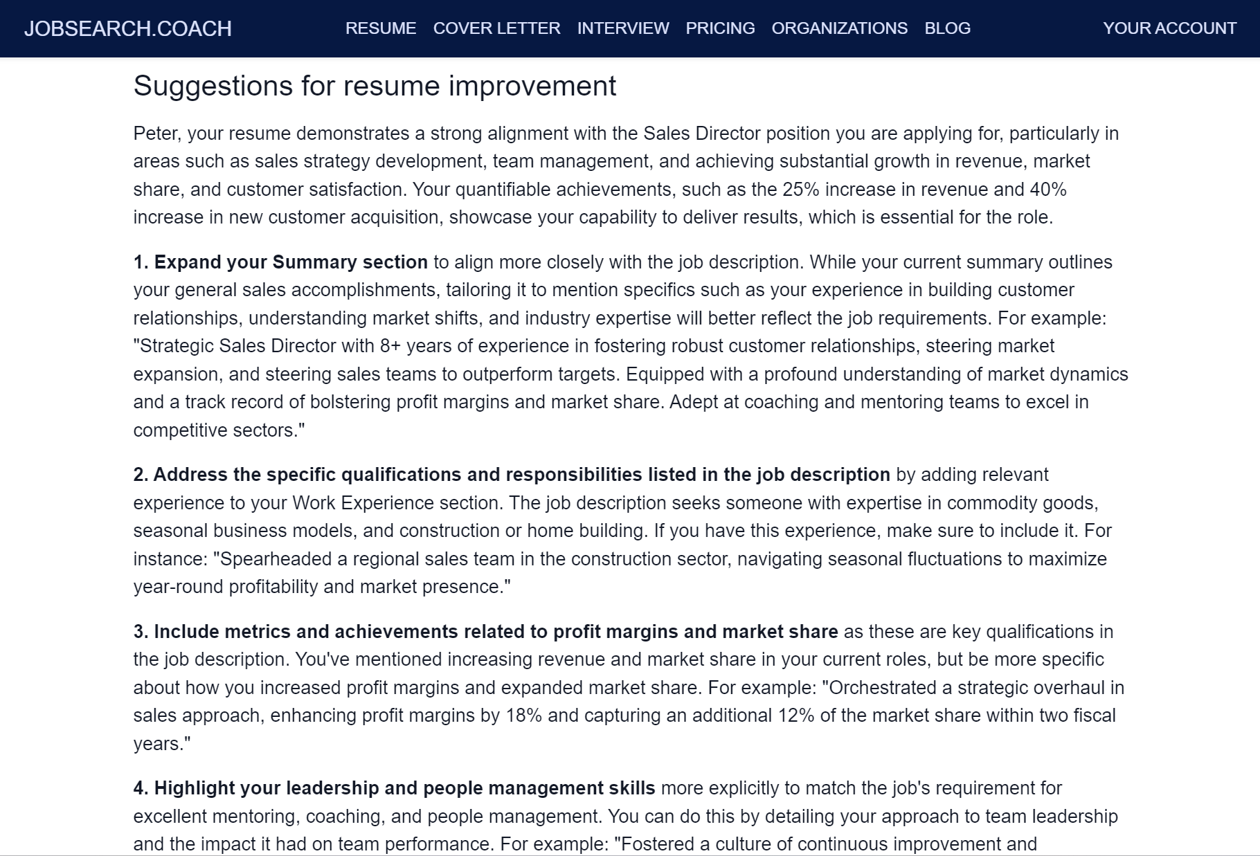 JobSearch.Coach screenshot: JobSearch.Coach AI recommending resume edits 