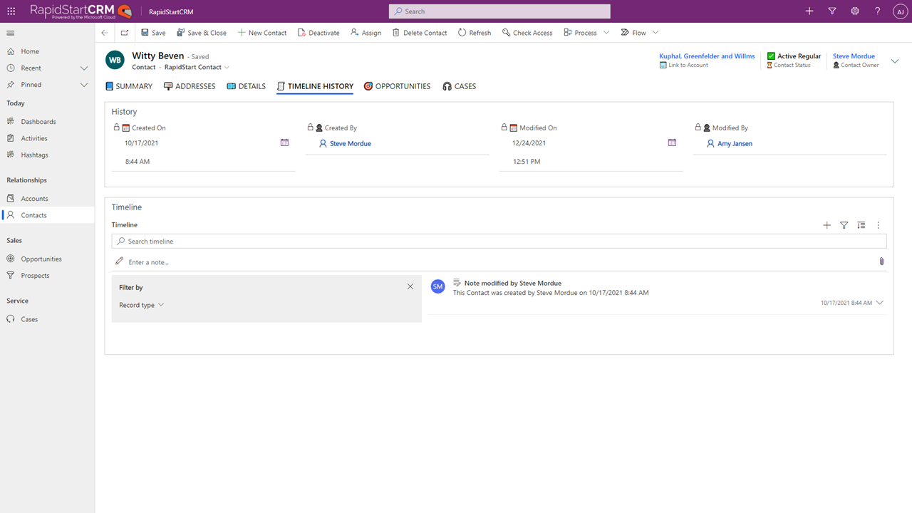 RapidStart CRM Software - Activity Timelines for All Records