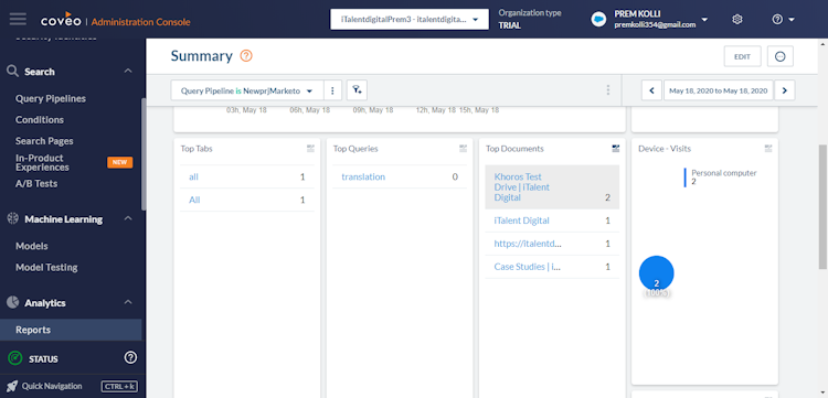 Coveo Relevance Cloud screenshot: Coveo Relevance Cloud reports summary