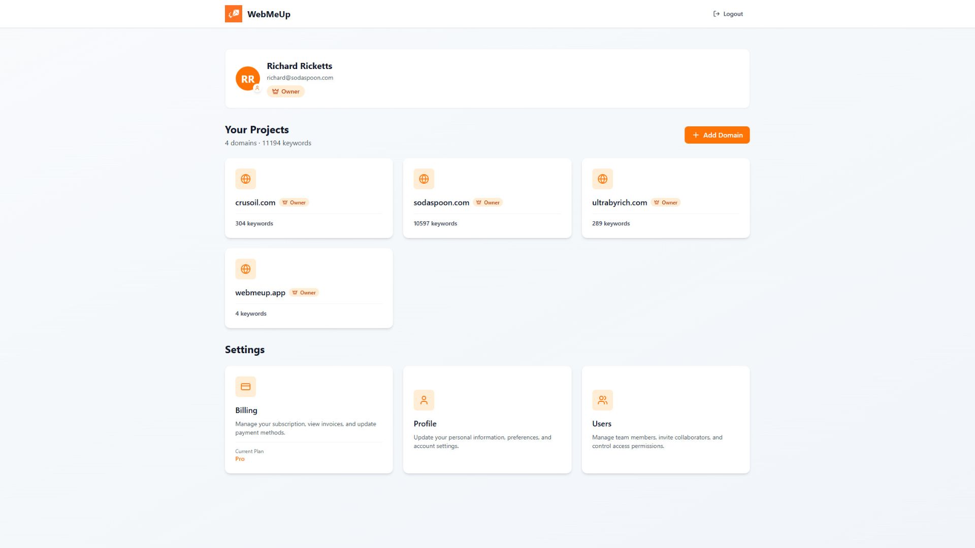 WebMeUp screenshot: WebMeUp showing all connected domains with real-time performance metrics