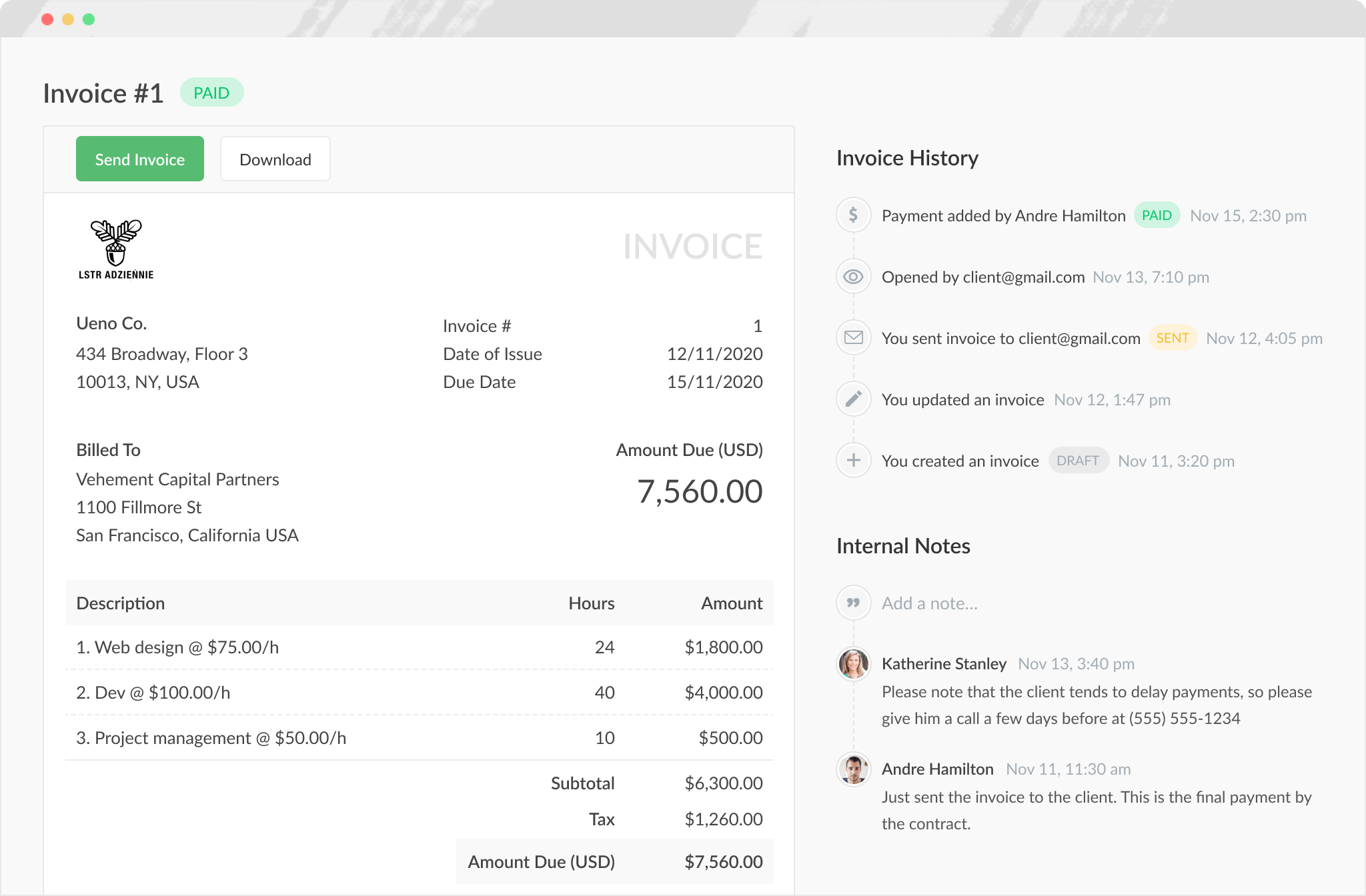 Easily create an invoice based on tracked time and expenses