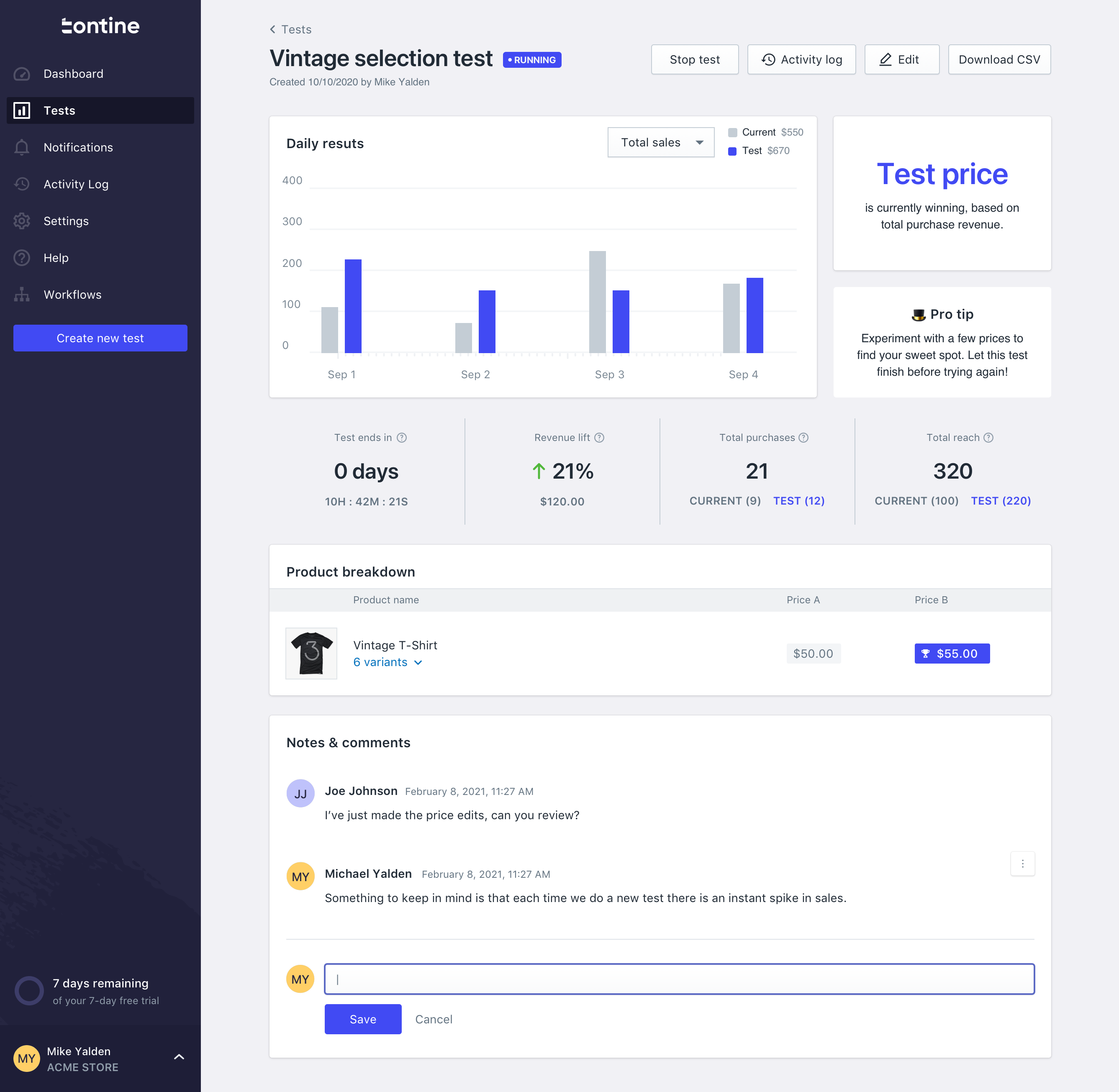 Tontine Software - Test Details: Dive deeper into the real-time charts displaying your test progress, and take advantage of the unlimited team collaboration feature or the data export option to create your own models