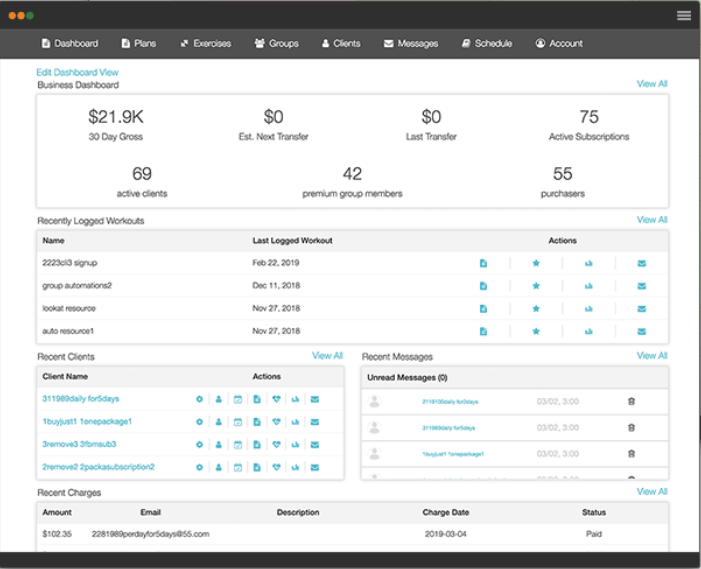 Exercise.com Software - Exercise.com business dashboard