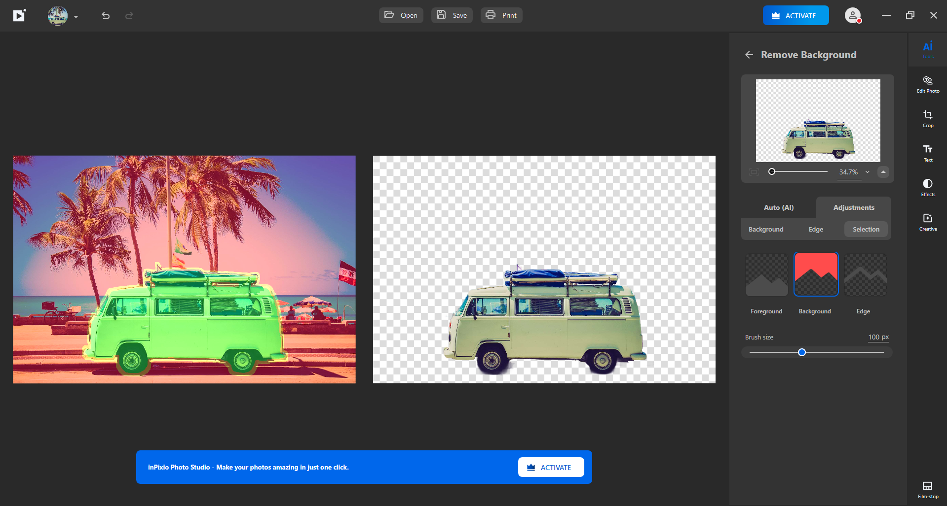inPixio Photo Studio screenshot: inPixio Photo Studio’s background removal tool enables you to easily cut out objects or people from their backgrounds. With accurate, automated selection, you can quickly create transparent or custom backgrounds for your images.