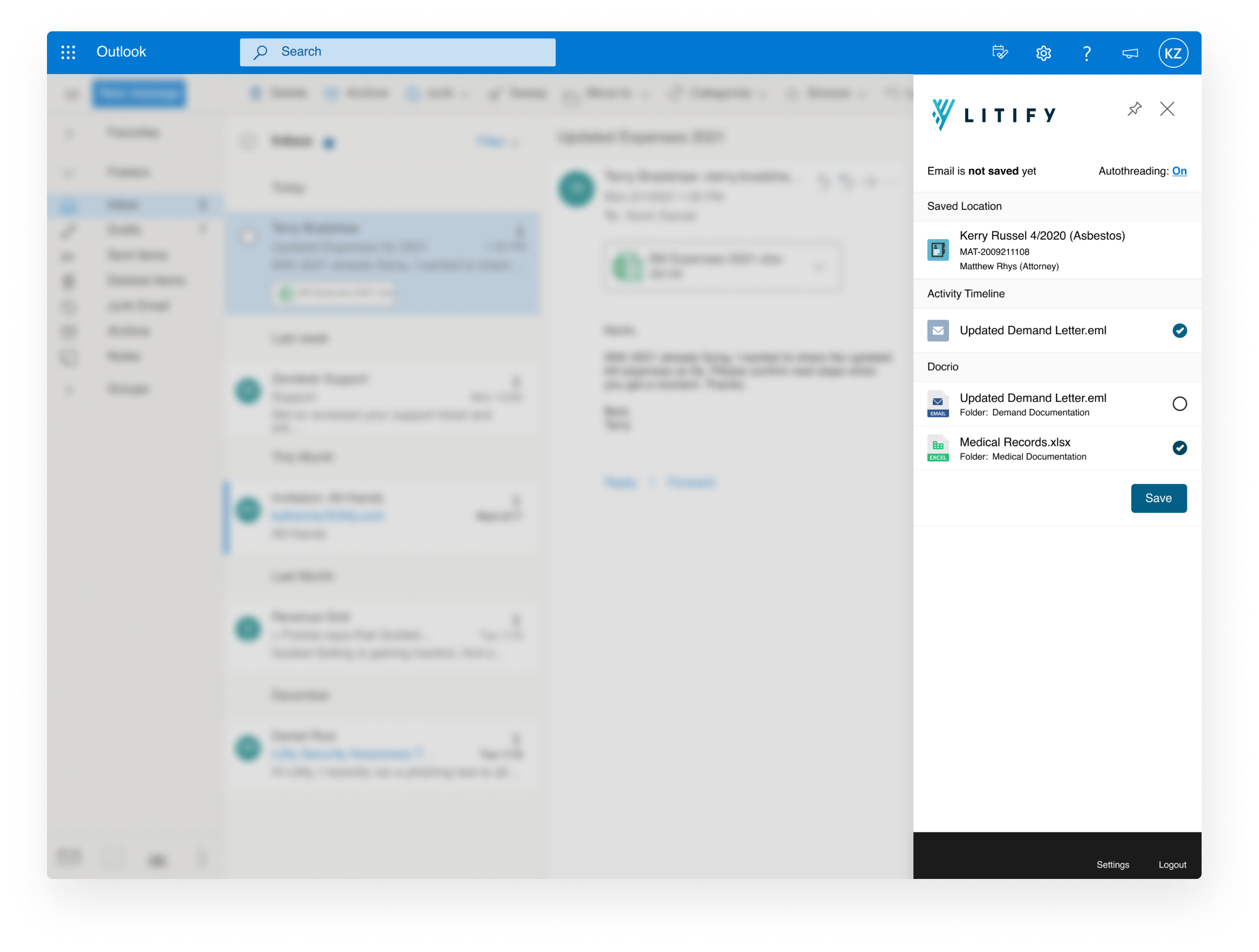 Manage Documents via Email: Save files directly from Outlook to the matter plan with our Email feature.