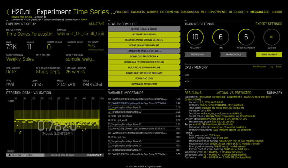 H2O Driverless AI Software - Experiment time series