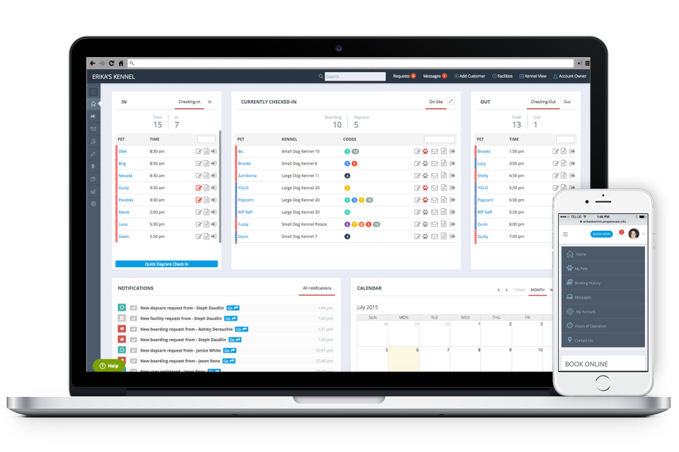 ProPet's dashboard gives users an overview of all pets currently checked in, due to check in or our, and any notifications
