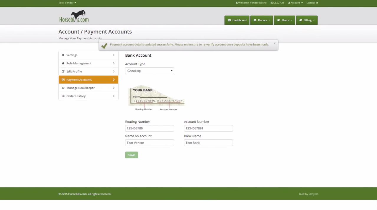 Vendors and syndicate partnership managers can add a payment account to Horsebills for receiving funds.