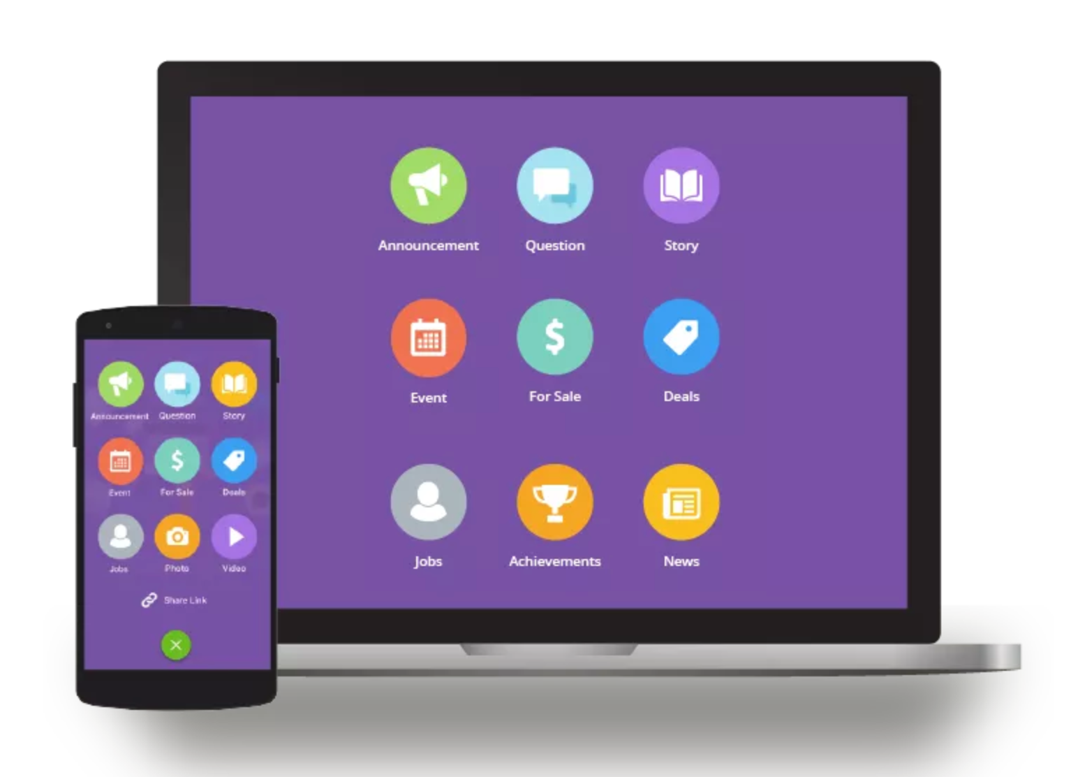 Create posts from scratch, upload files or use a link to add events, announcements, and more