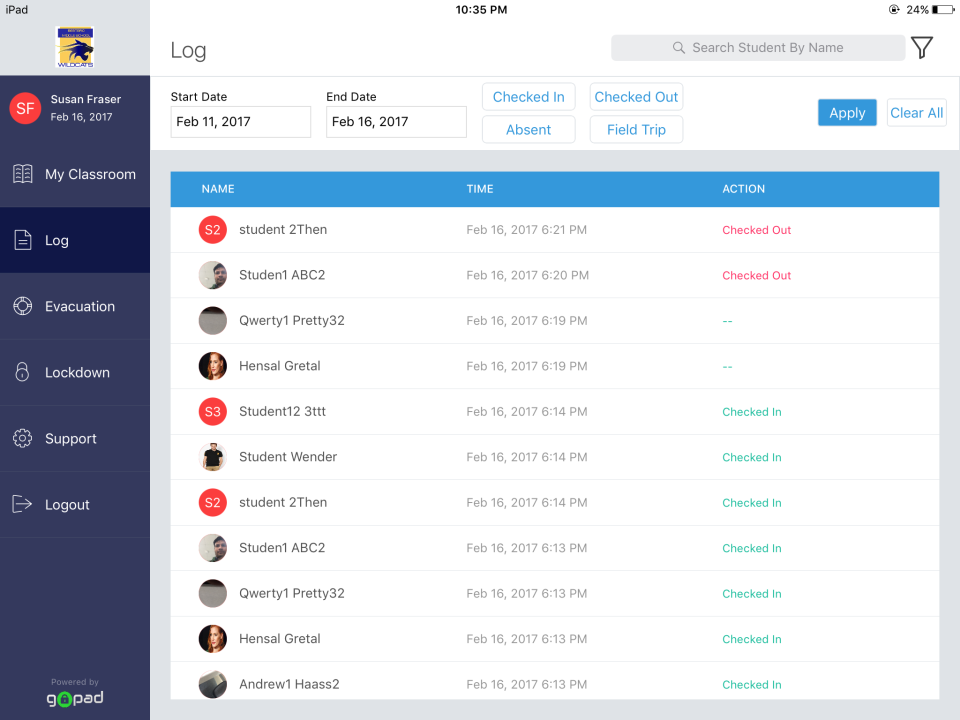 The logging tool provides real-time information on which students are checked in and which are checked out