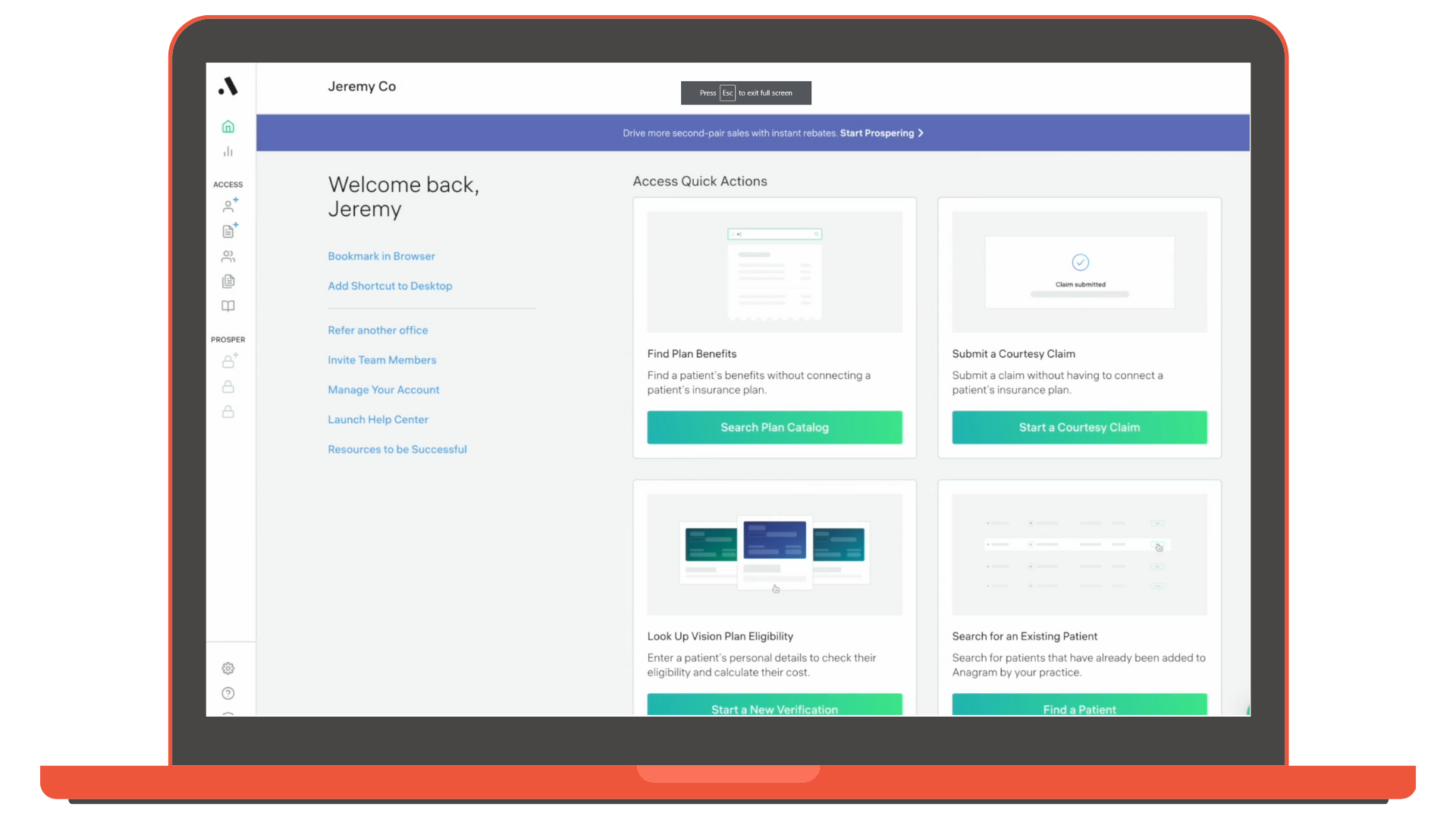 Anagram screenshot: Anagram Access home page - this is the dashboard that allows you to add patients, check eligibility, and file claims