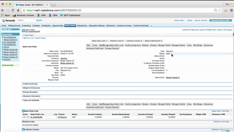 Kenandy Cloud ERP screenshot: Convert an opportunity in Salesforce to to a draft sales order in Kenandy