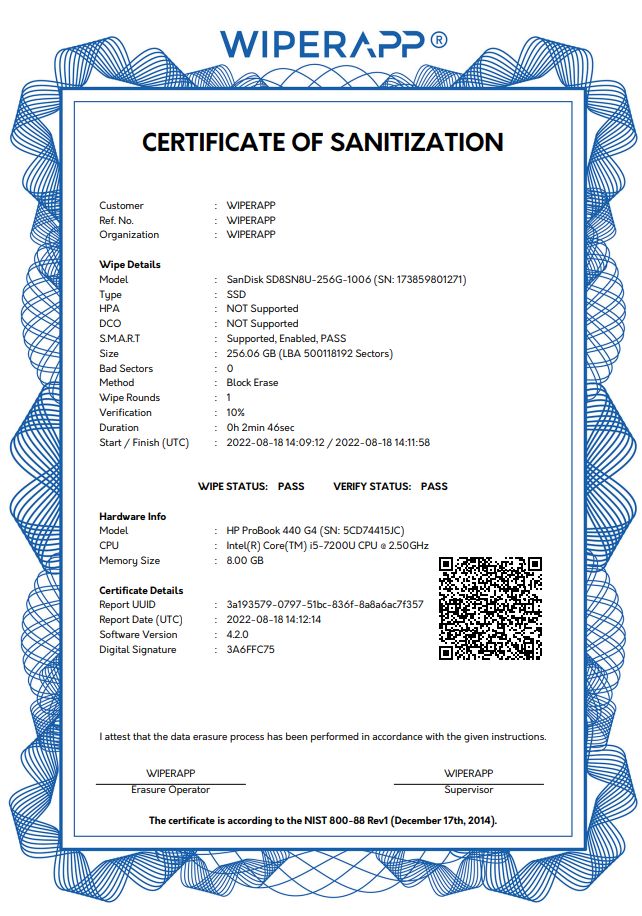 WIPERAPP - Certificate of sanitization