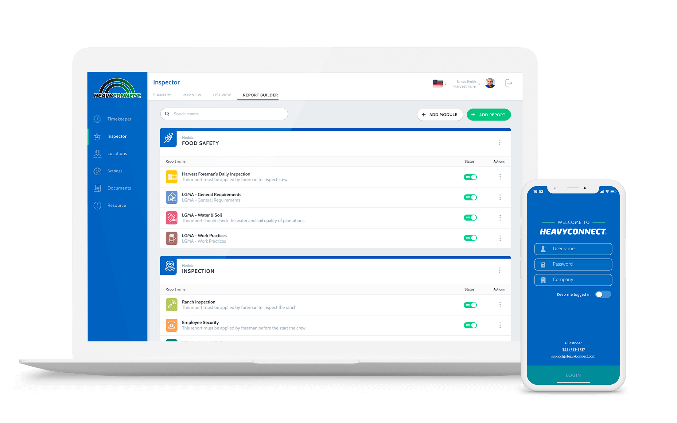 HeavyConnect screenshot: HeavyConnect Inspector manages food safety and quality assurance.