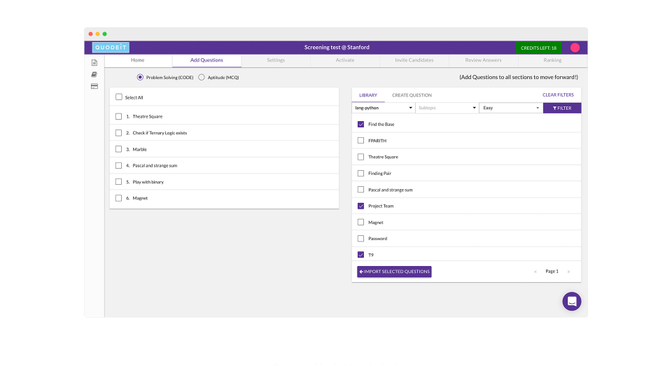 QuodeIT screenshot: The QuodeIt question library boasts over 1500 suggested coding questions, updated weekly, along with pre-built tests covering multiple programming languages