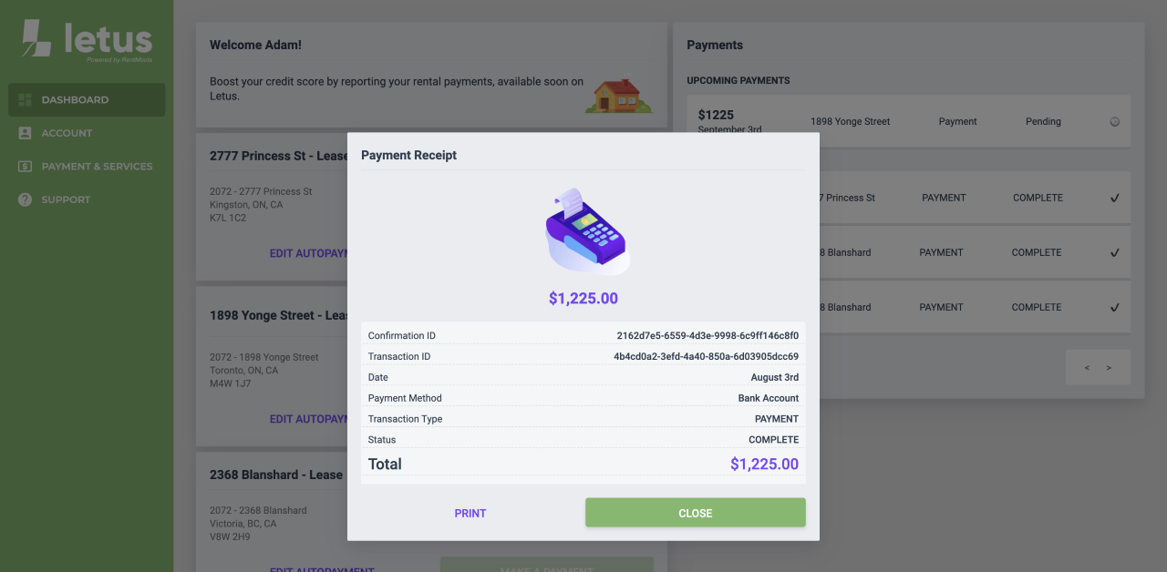 LetUs Software - RentMoola payment receipt