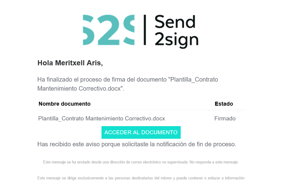 Send2sign Software - Mensaje y documento para firmante