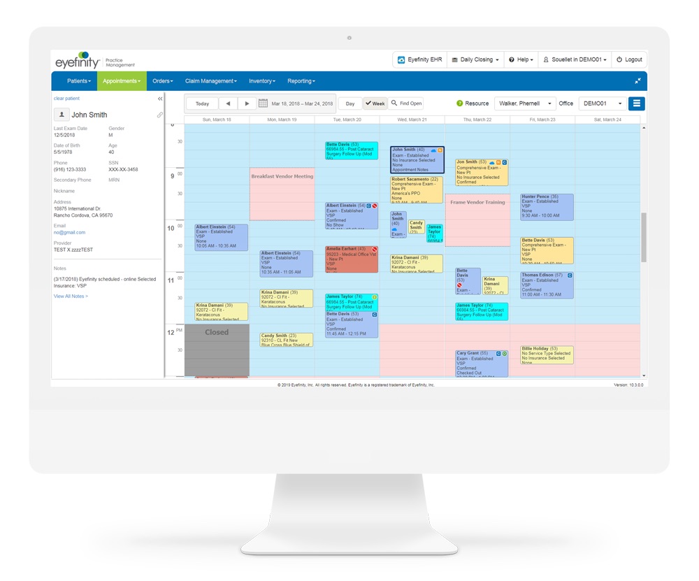 Eyefinity Practice Management appointment calendar