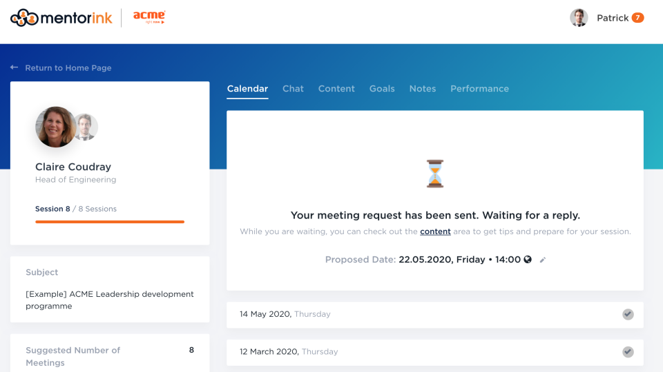 Mentorink Software - Pair page - Calendar