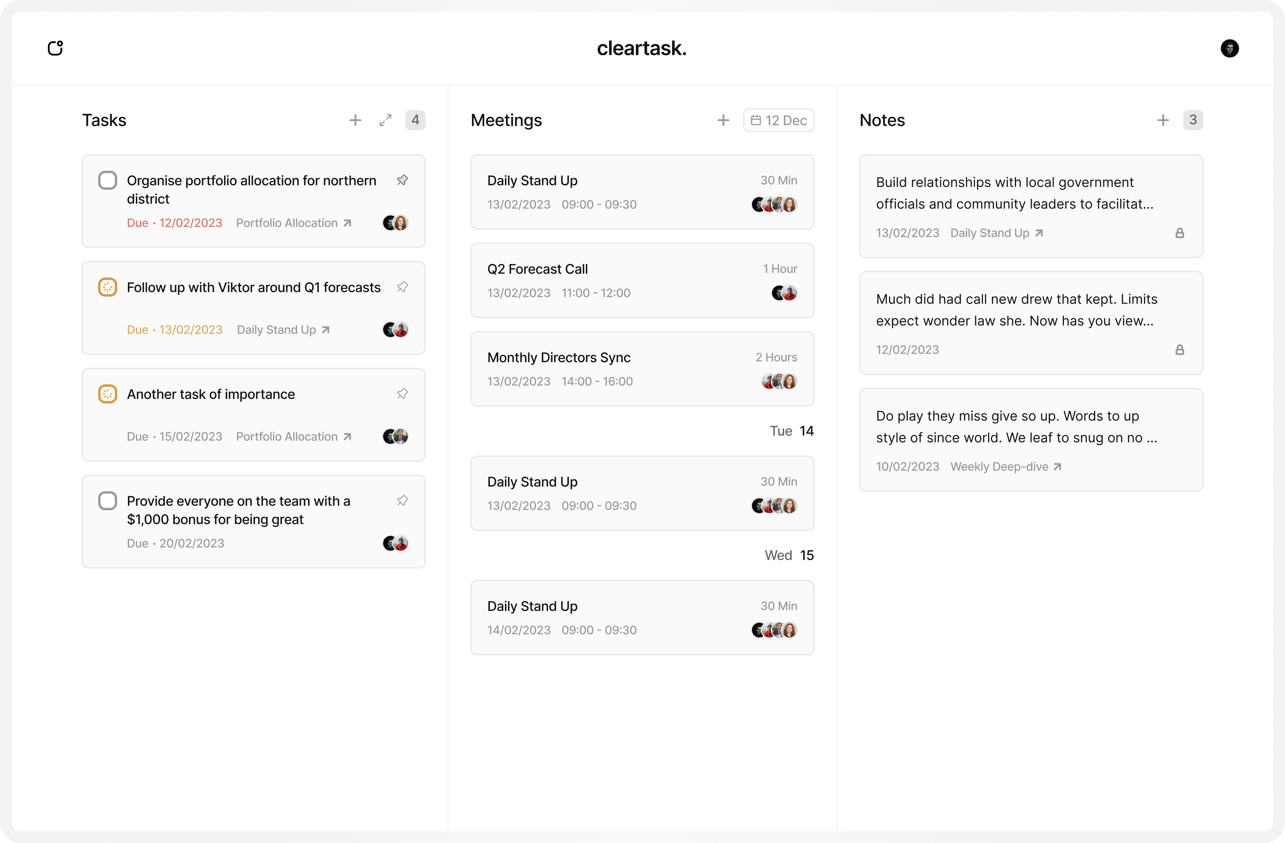Cleartask view tasks, meetings, and notes