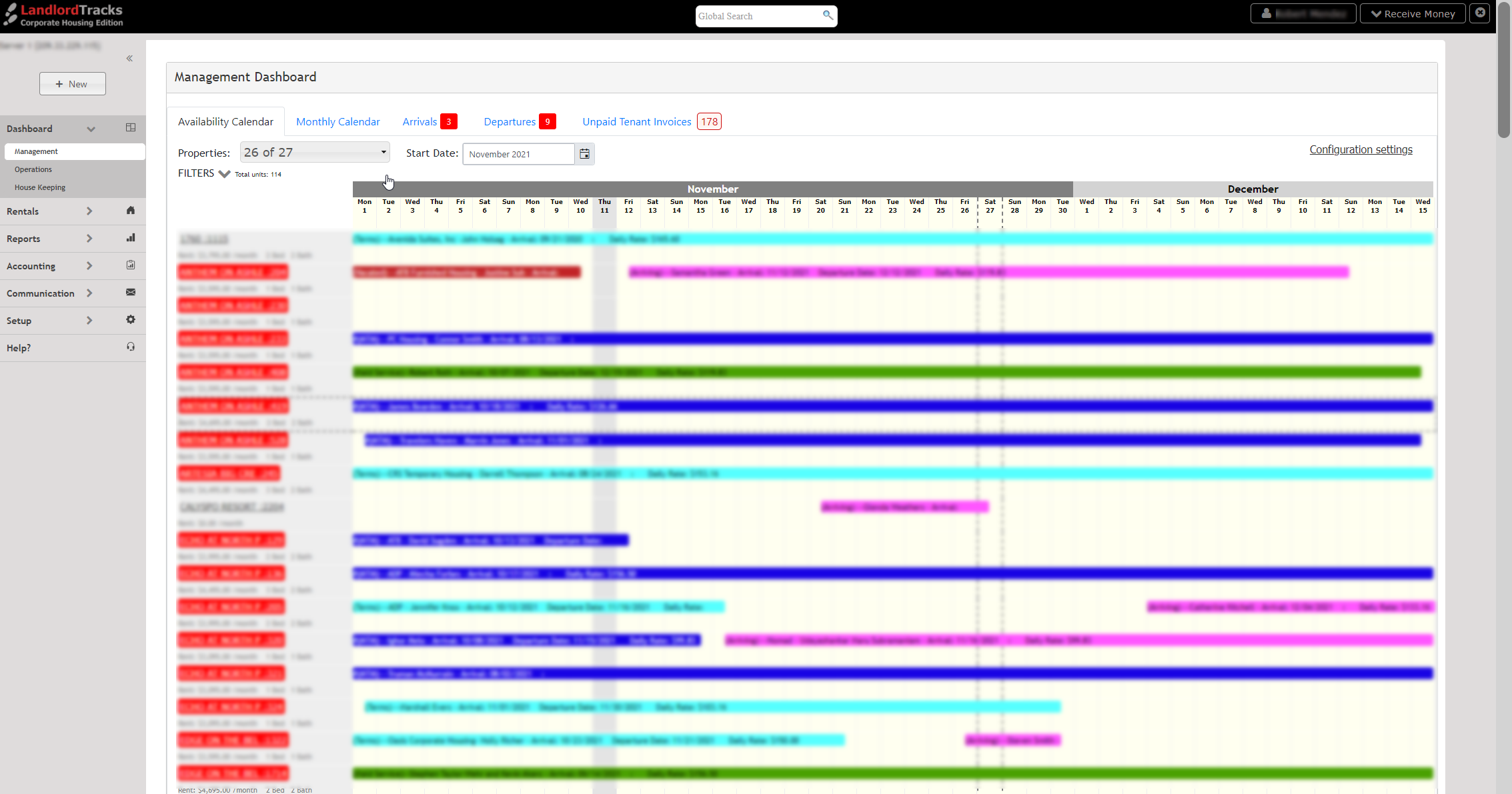 LandlordTracks Software - Interactive availability calendar to easily and quickly manage your units.  Color coded calendar to customize the look and feel for each stage of your contracts.