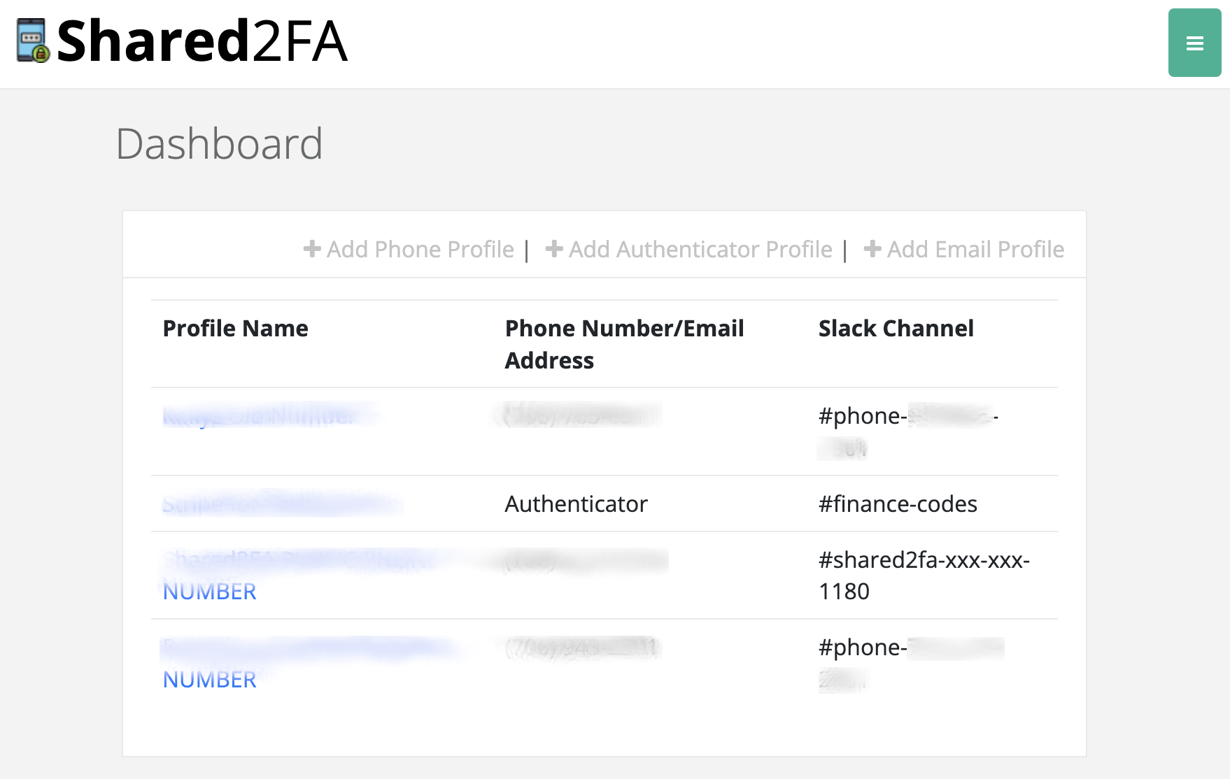 Easily manage multiple profiles, including phone number, email address, and virtual authenticator devices.  Each one can go to a separate Slack channel where appropriate team members can use the codes
