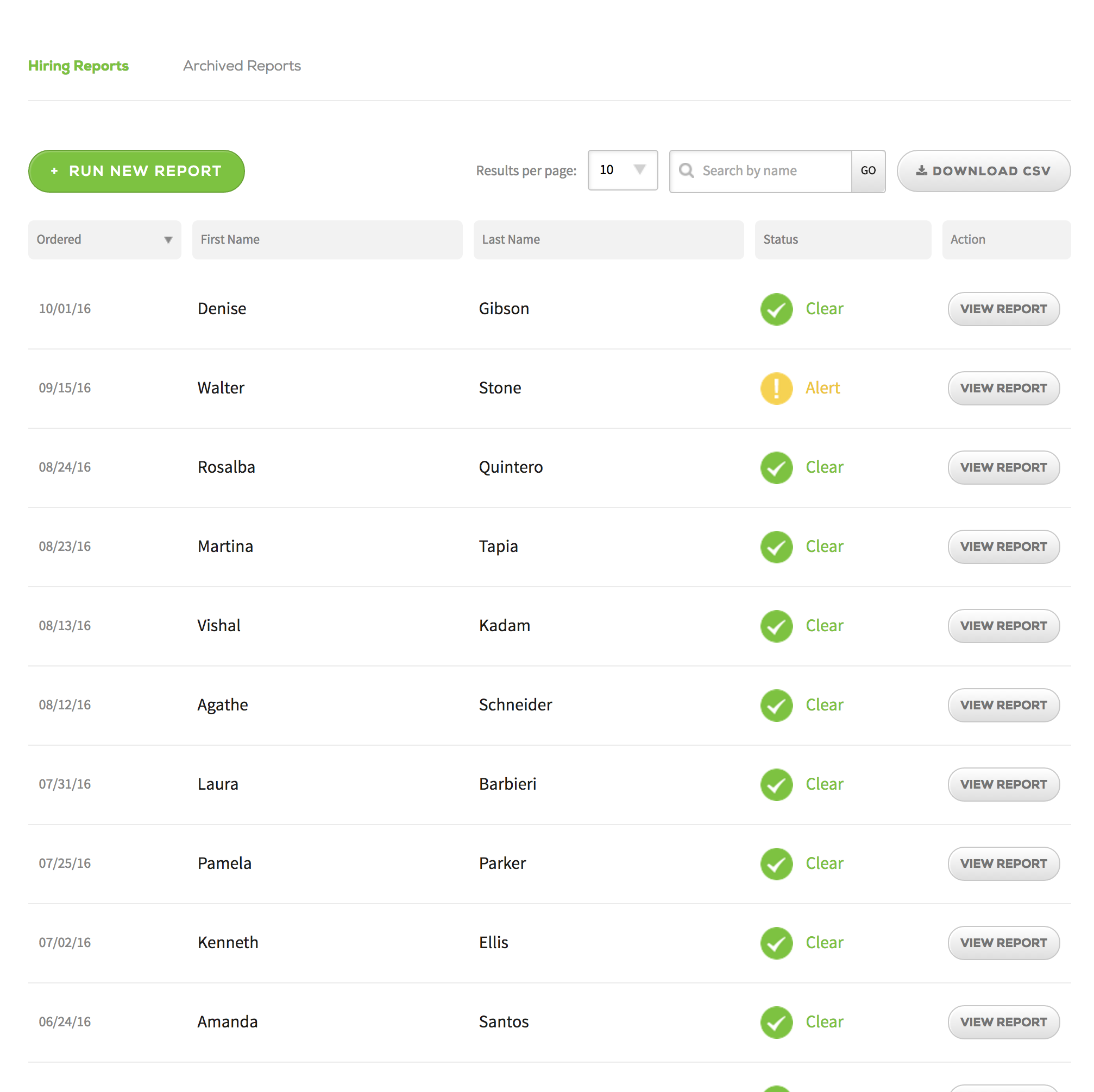 GoodHire Software - The dashboard is where you can quickly see the status of all reports, view reports, and download them as a CSV.