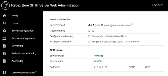 Rebex Buru SFTP Server web administration