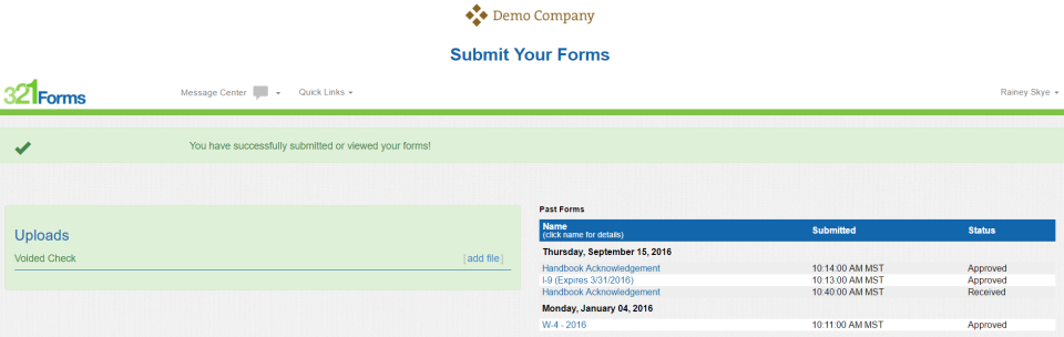 321Forms screenshot: Employees can submit completed forms through 321Forms
