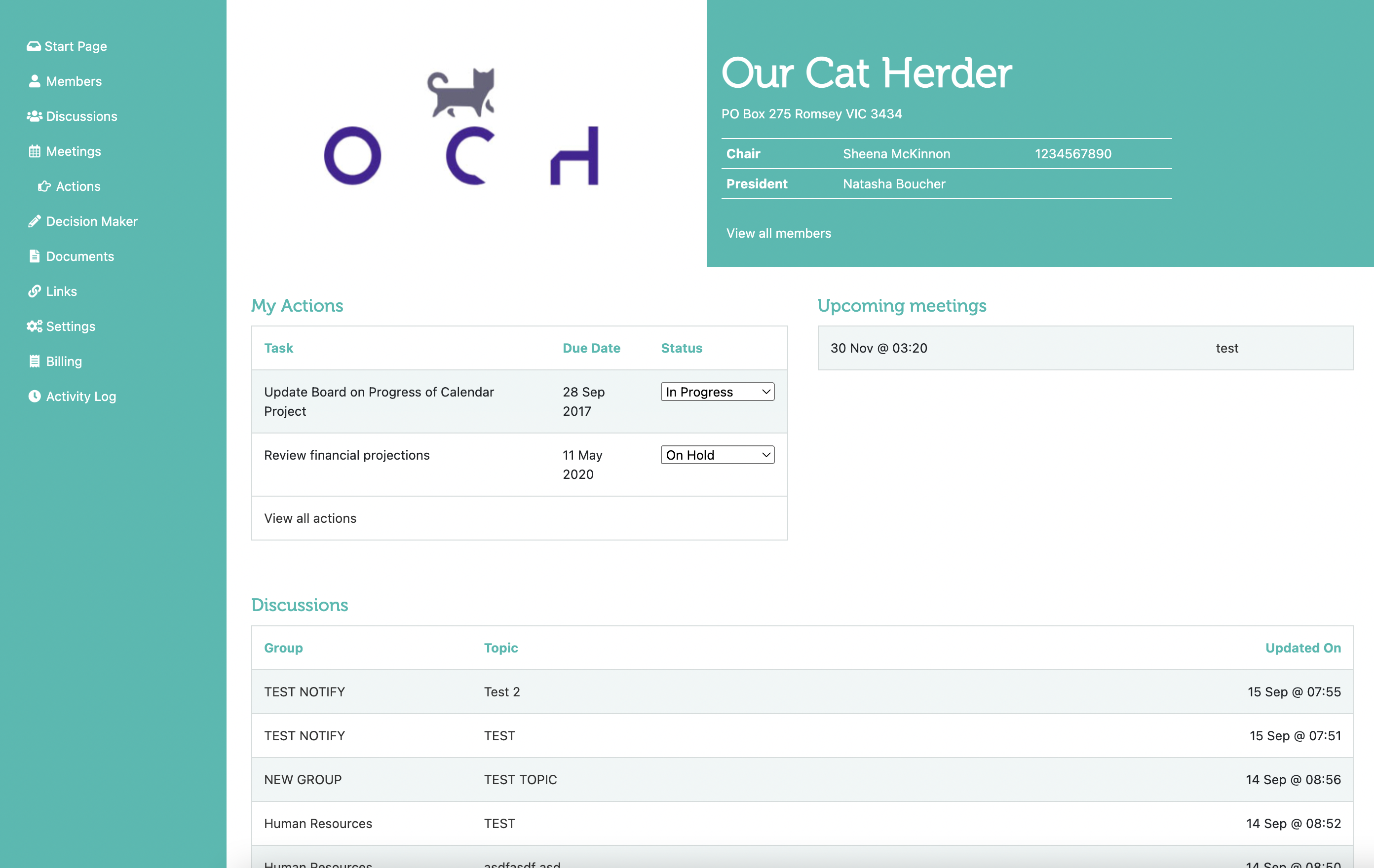 Our Cat Herder screenshot: Board Portal Home Page