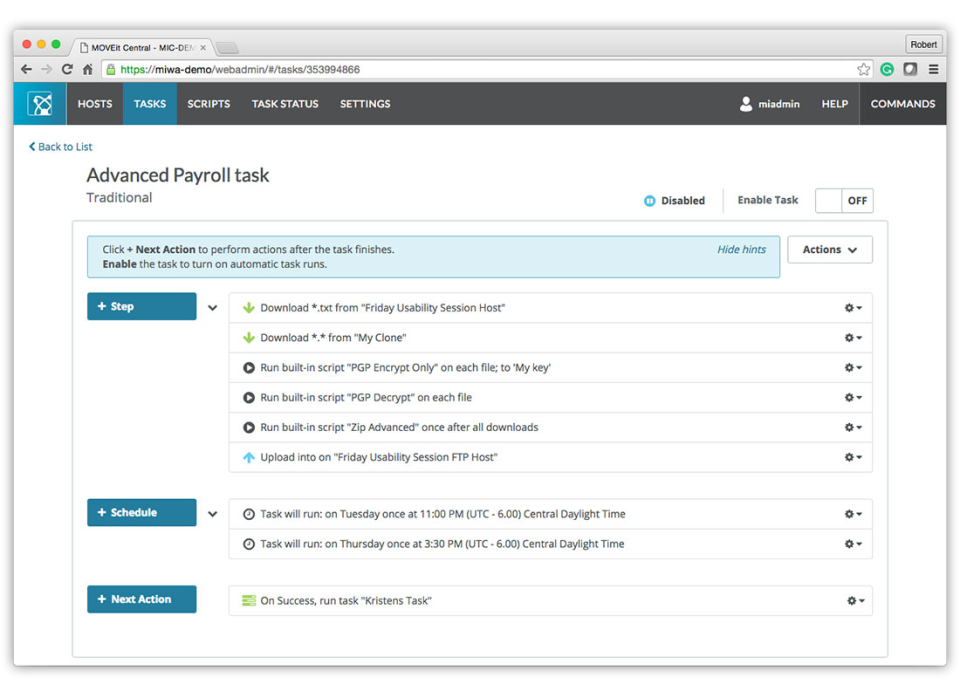 MOVEit Software - Automated file transfer for regular batch jobs can be carried out by defining tasks with associated actions