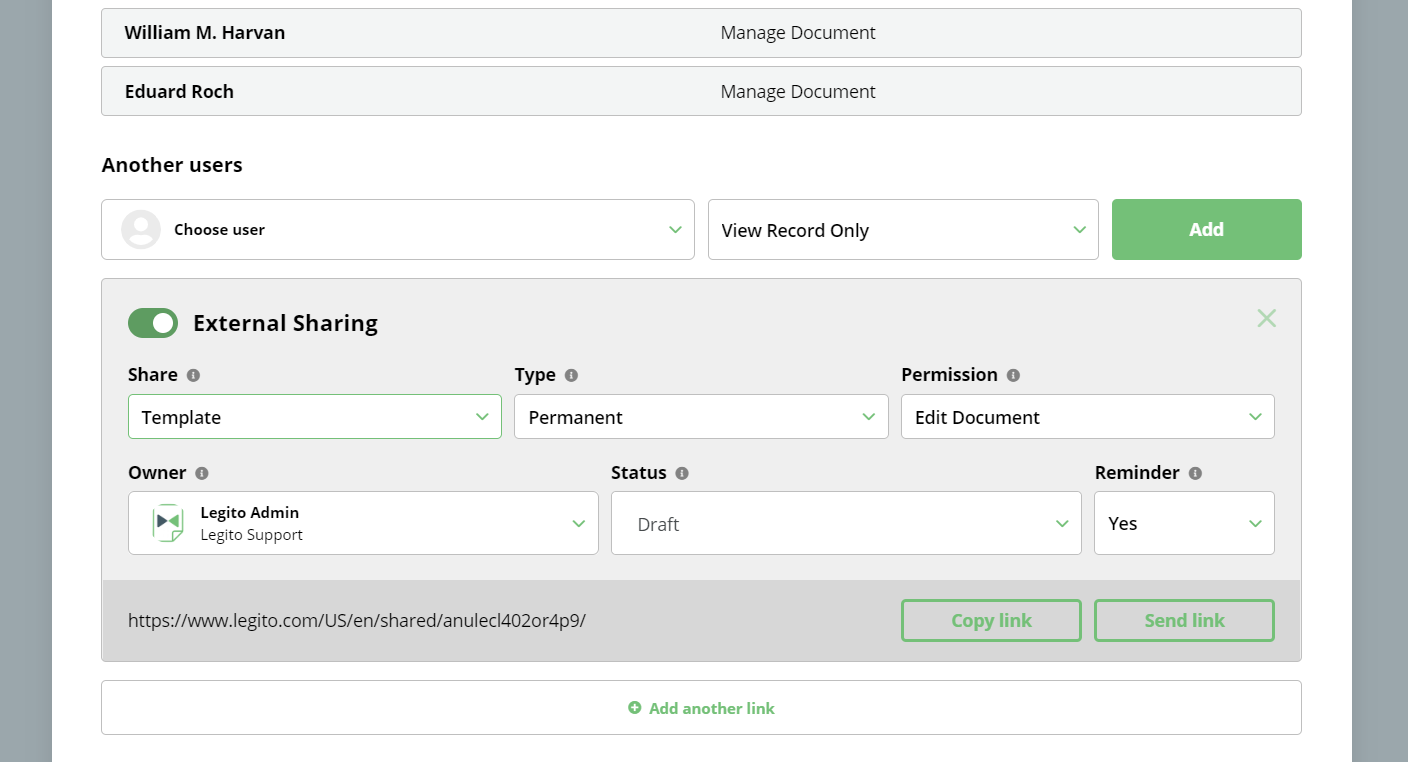 Users can share documents or templates internally or externally