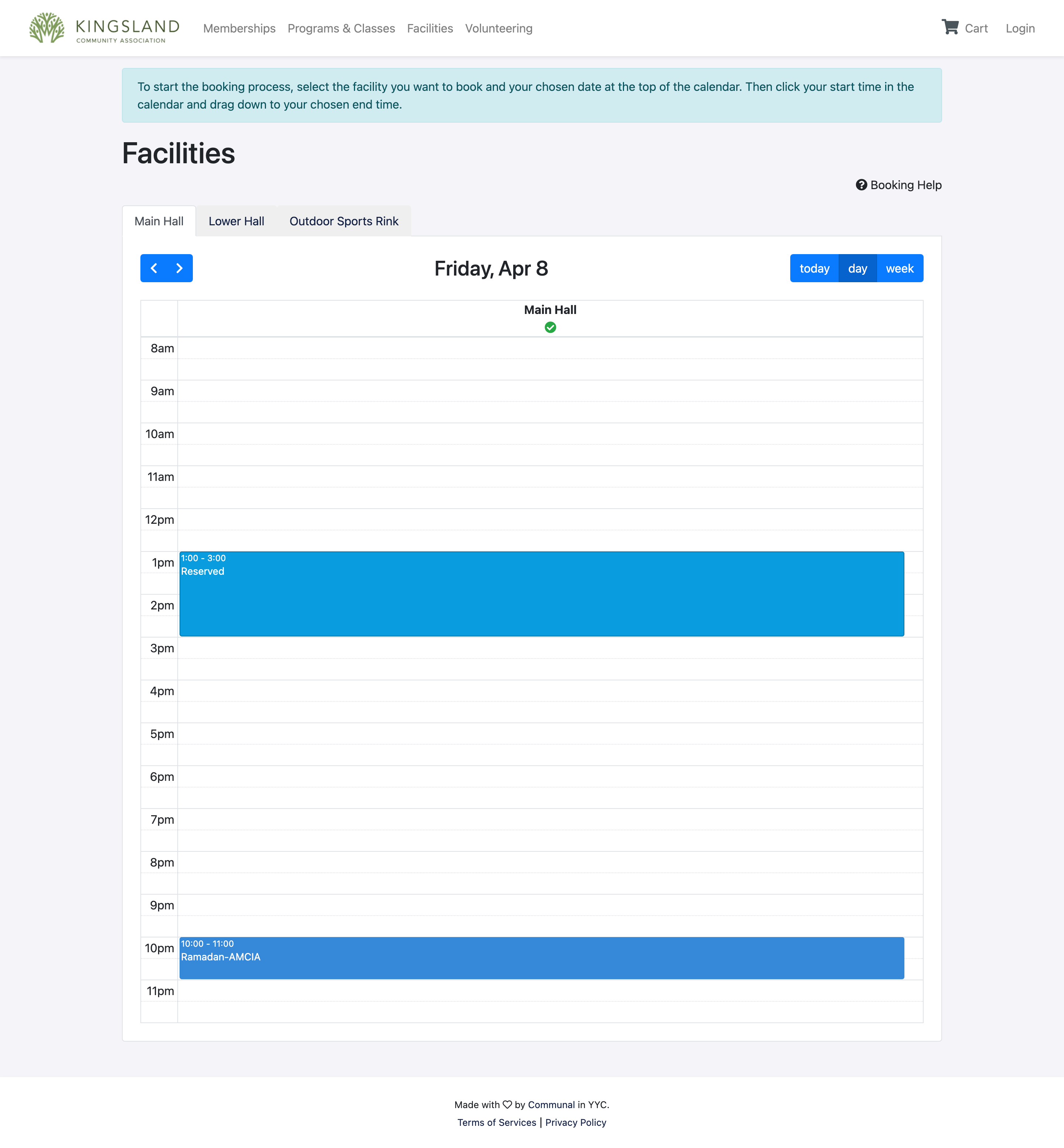 Communal online calendars for facility rentals