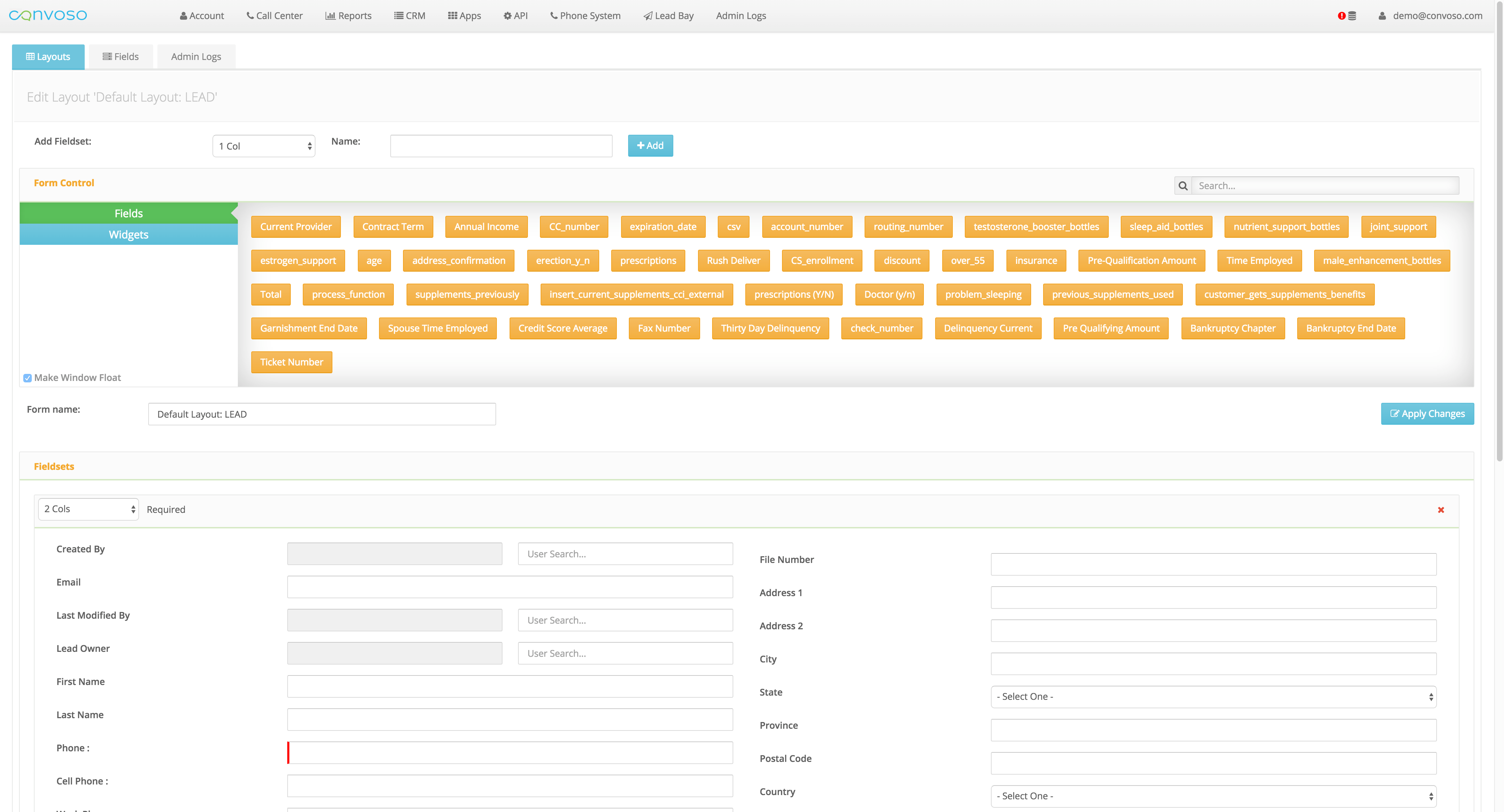 Admin panel: customizable lead form field layout