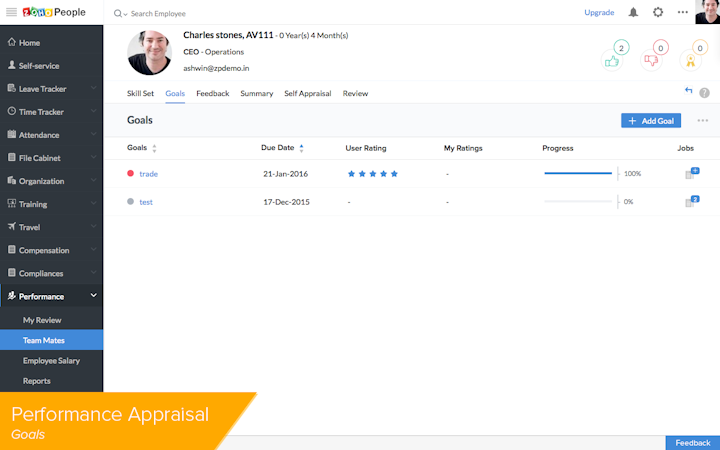 Zoho People screenshot: You can assign goals, set a weightage and track the progress. Goals can be added as a part of the appraisal cycle for review.  