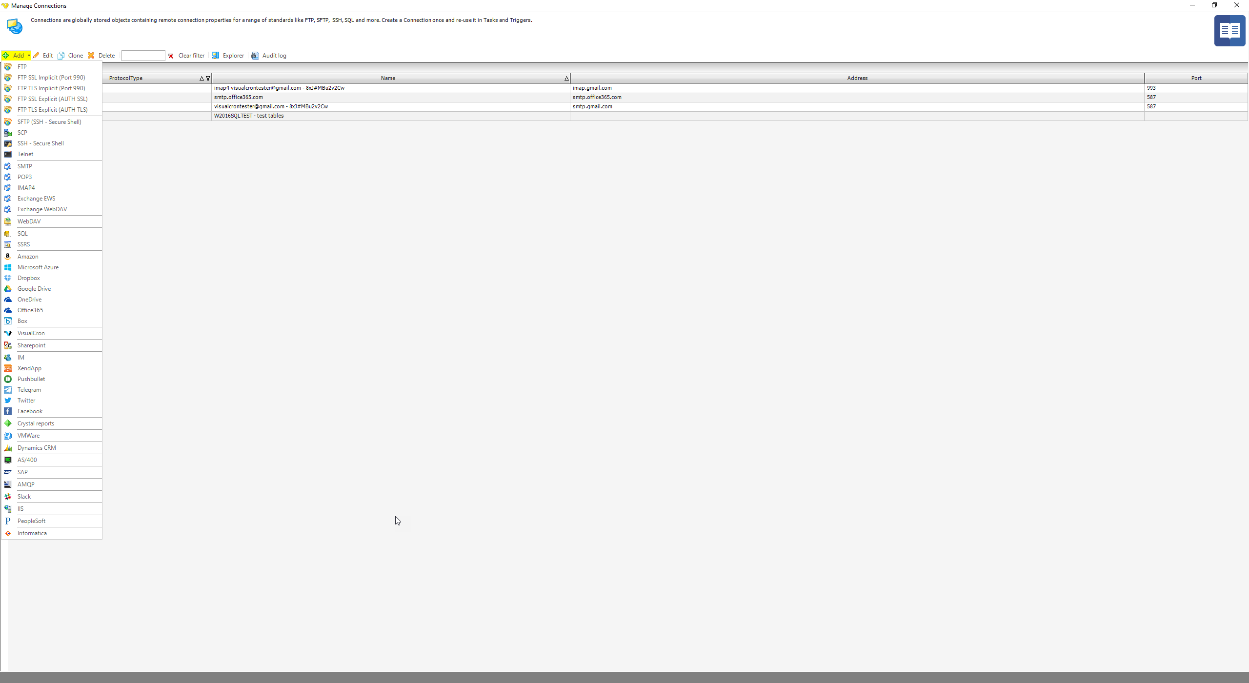 VisualCron connections management screenshot