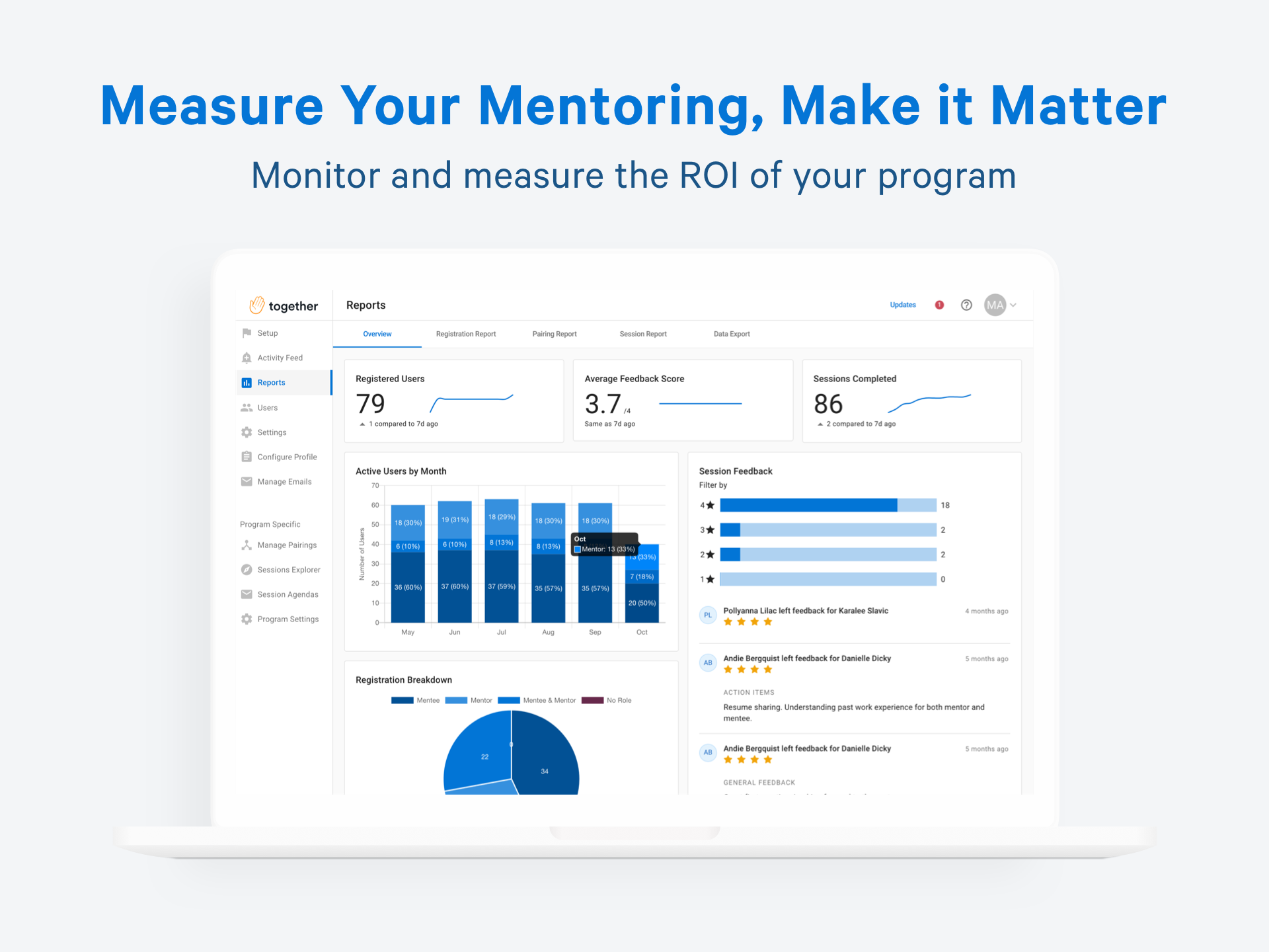 Together Enterprise Mentoring Software - Get program insights with built-in reporting. Measure program activity, health, and engagement and see real progress towards skill development and goals.