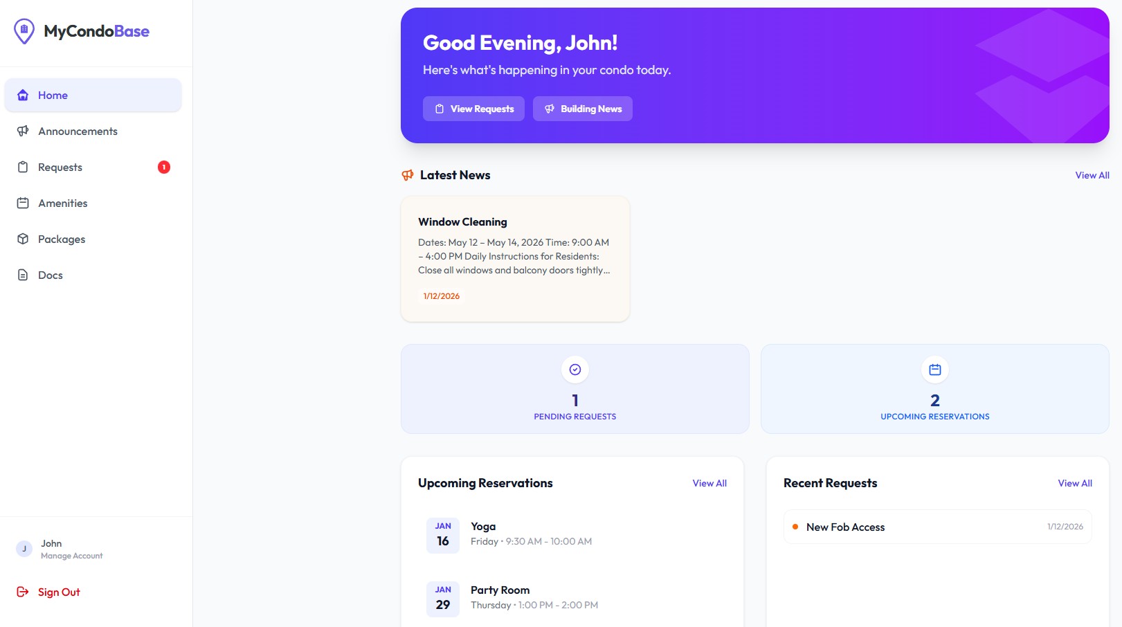 MyCondoBase screenshot: MyCondoBase dashboard