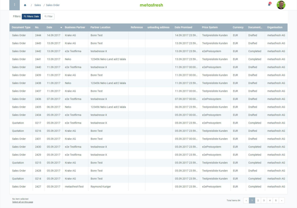 Sales Order Overview | View and manage your sales orders. Use the filtering function to find specific orders, e.g., by date, business partner, etc., and keep track of their statuses.