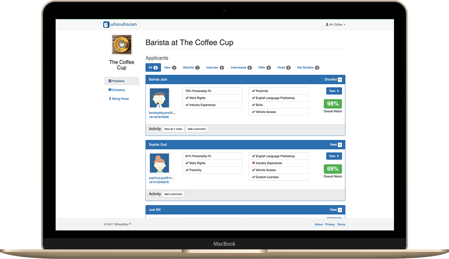 Whozwho screenshot: Use the smart shortlisting assistant to uniquely sort, rank and prioritize the right candidates