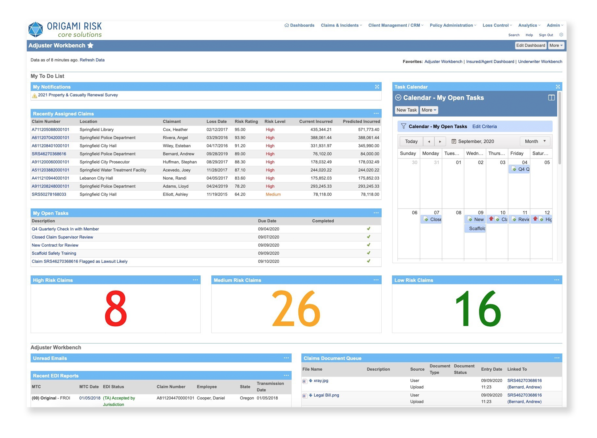 Origami Risk for P&C Insurance Software - Core Solution dashboard with to-do lists, calendar, recently assigned claims, open tasks, high to low risk claims, email logs, claims documents, and recent EDI reports.