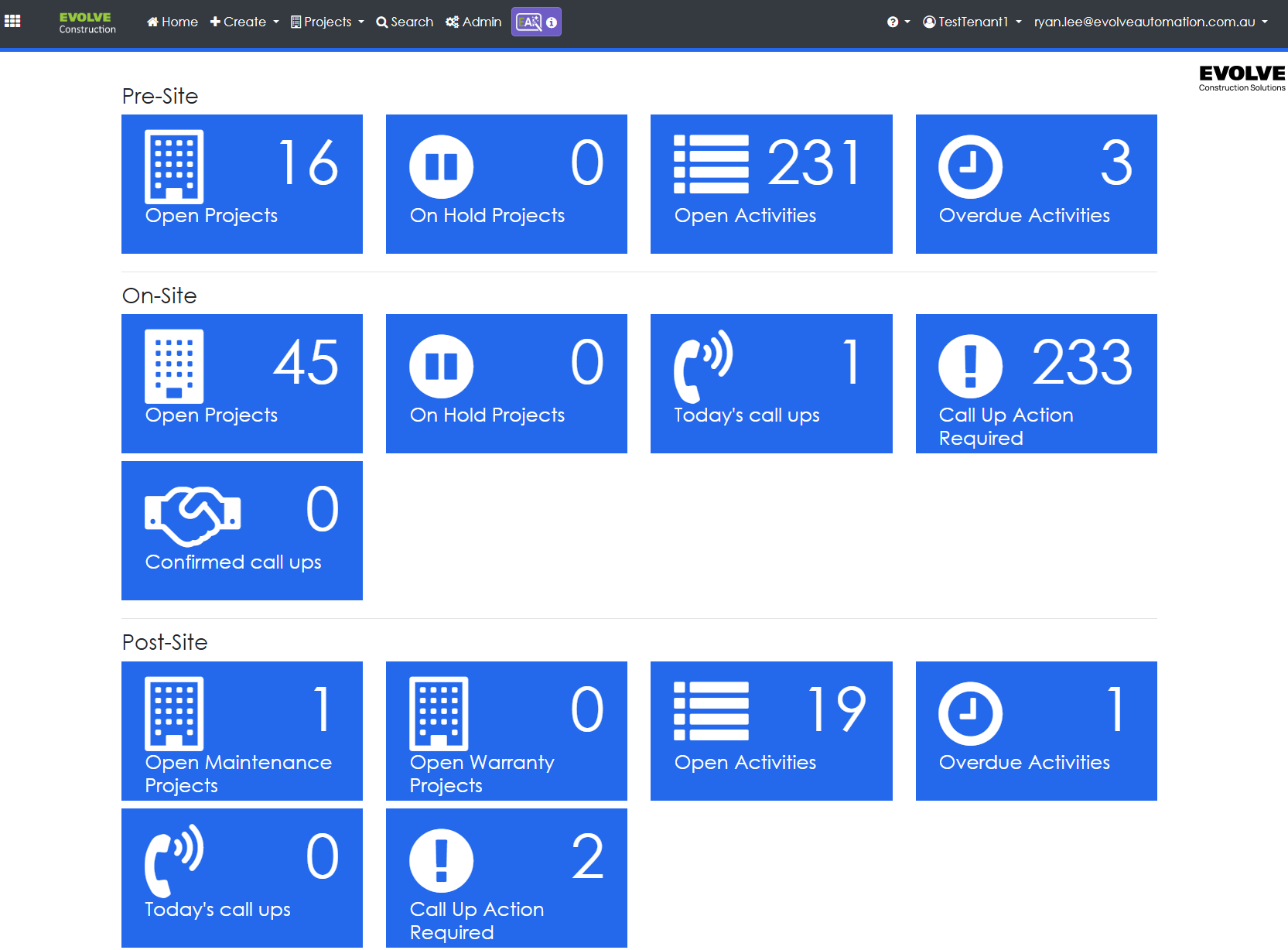Evolve screenshot: Evolve construction dashboard