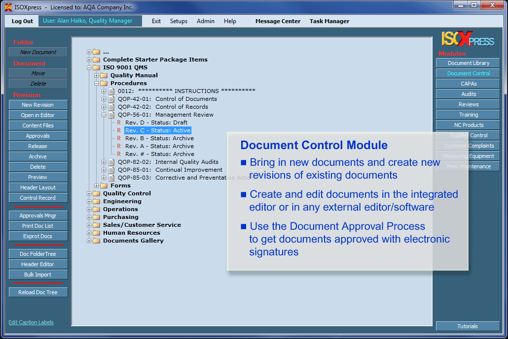 IMSXpress ISO 9001 document control module screenshot.