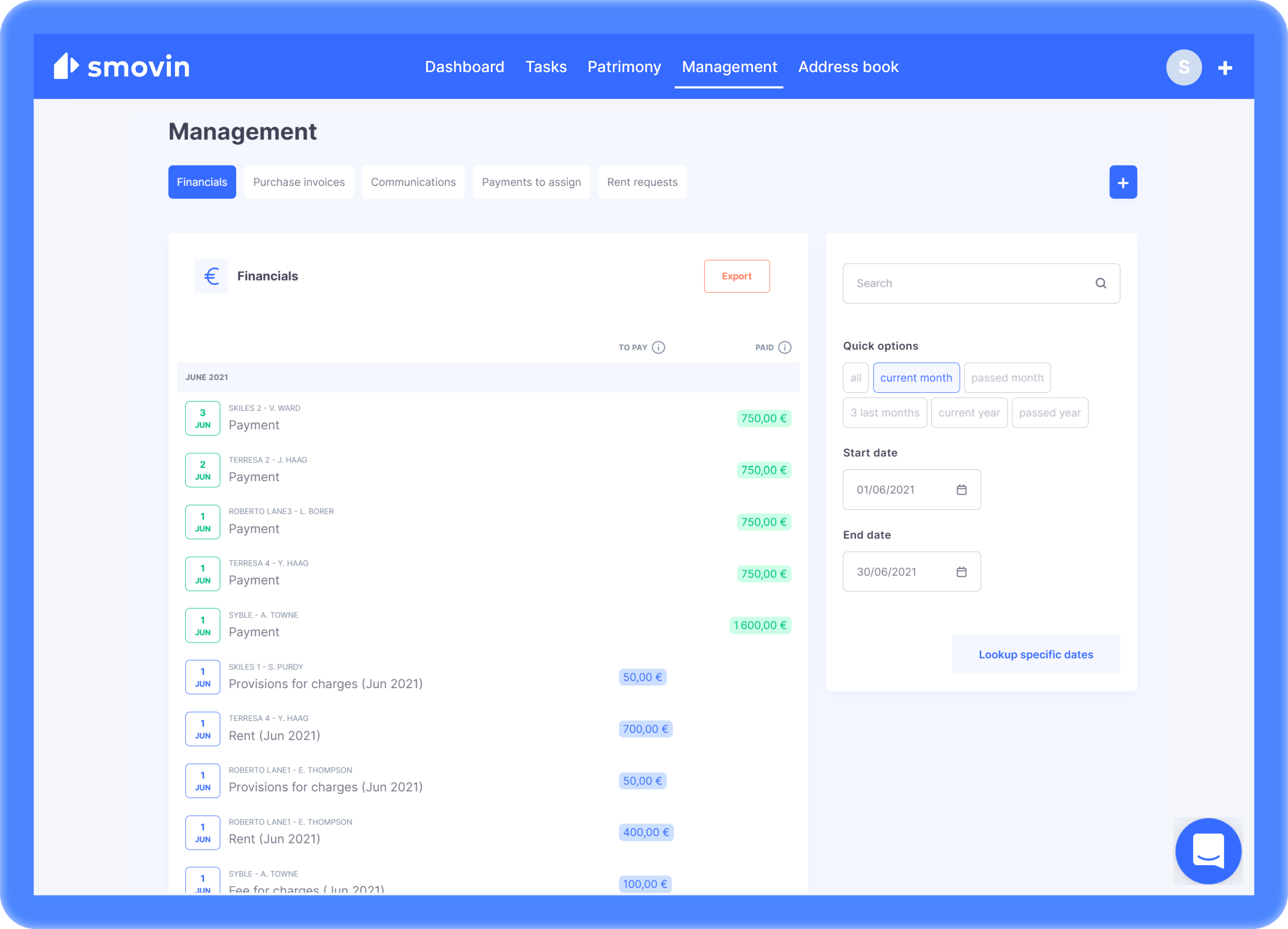 Smovin Software - Visibility of financial movements: Here is a view of all the financial entries and exits of your portfolio that you can export at any time for reporting purposes in Excel, CSV, or PDF files.