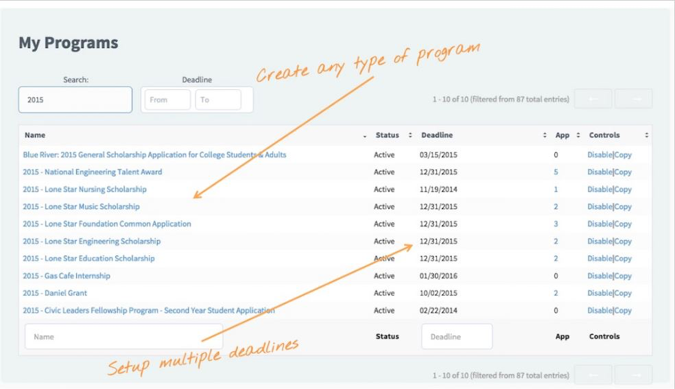 SmarterSelect Software - Create any type of program, award, scholarship, etc. and define application deadlines