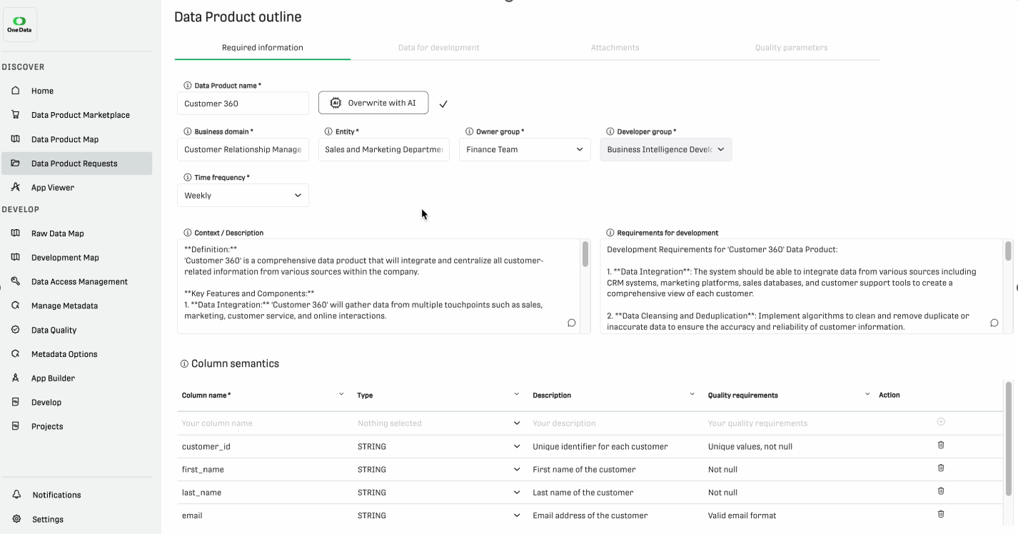 One Data Software - AI-assisted Data Product Request generates relevant information to transfer business context through a standardized process between stakeholders in minutes, supporting data product development