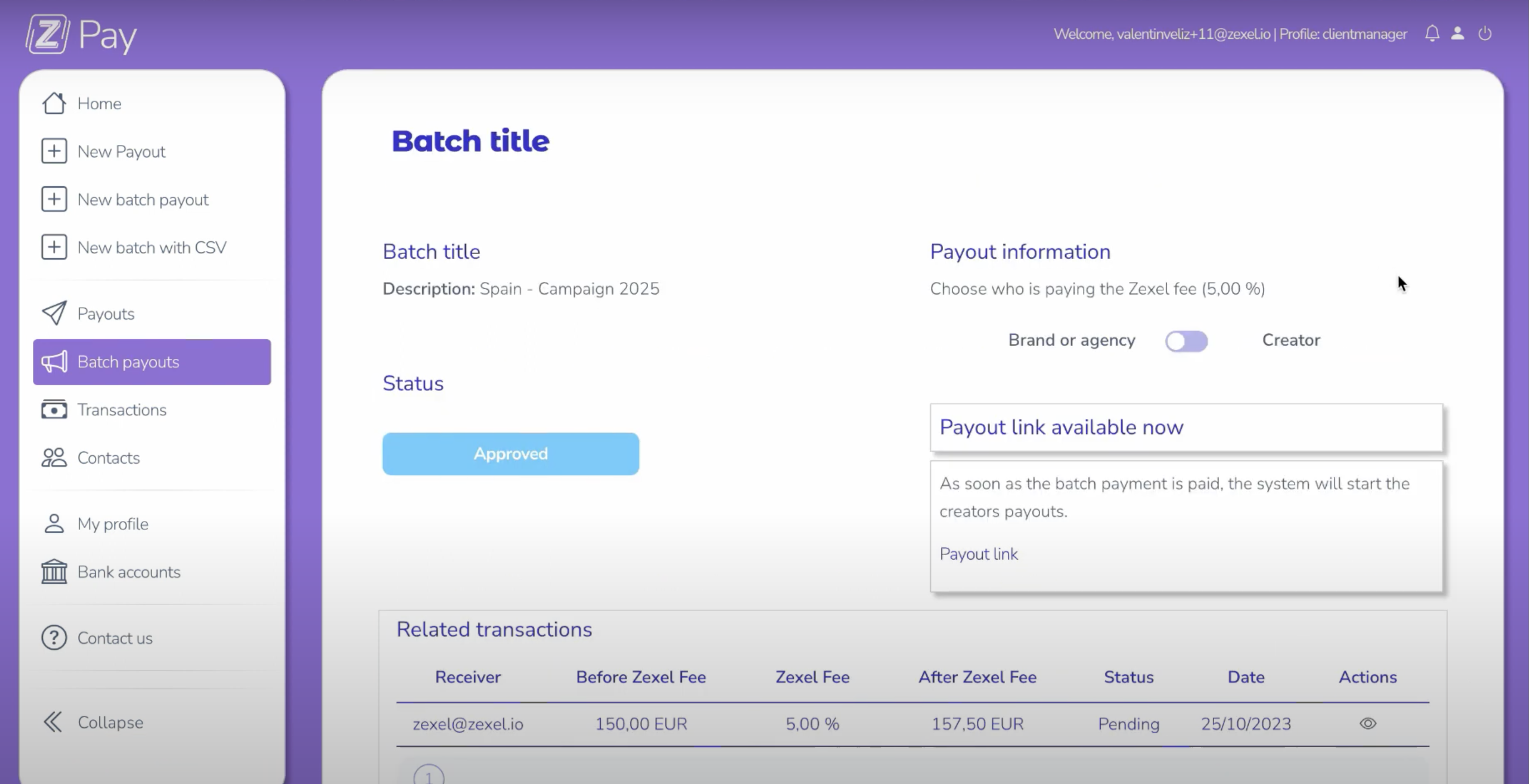 Zexel Pay: Batch detail information