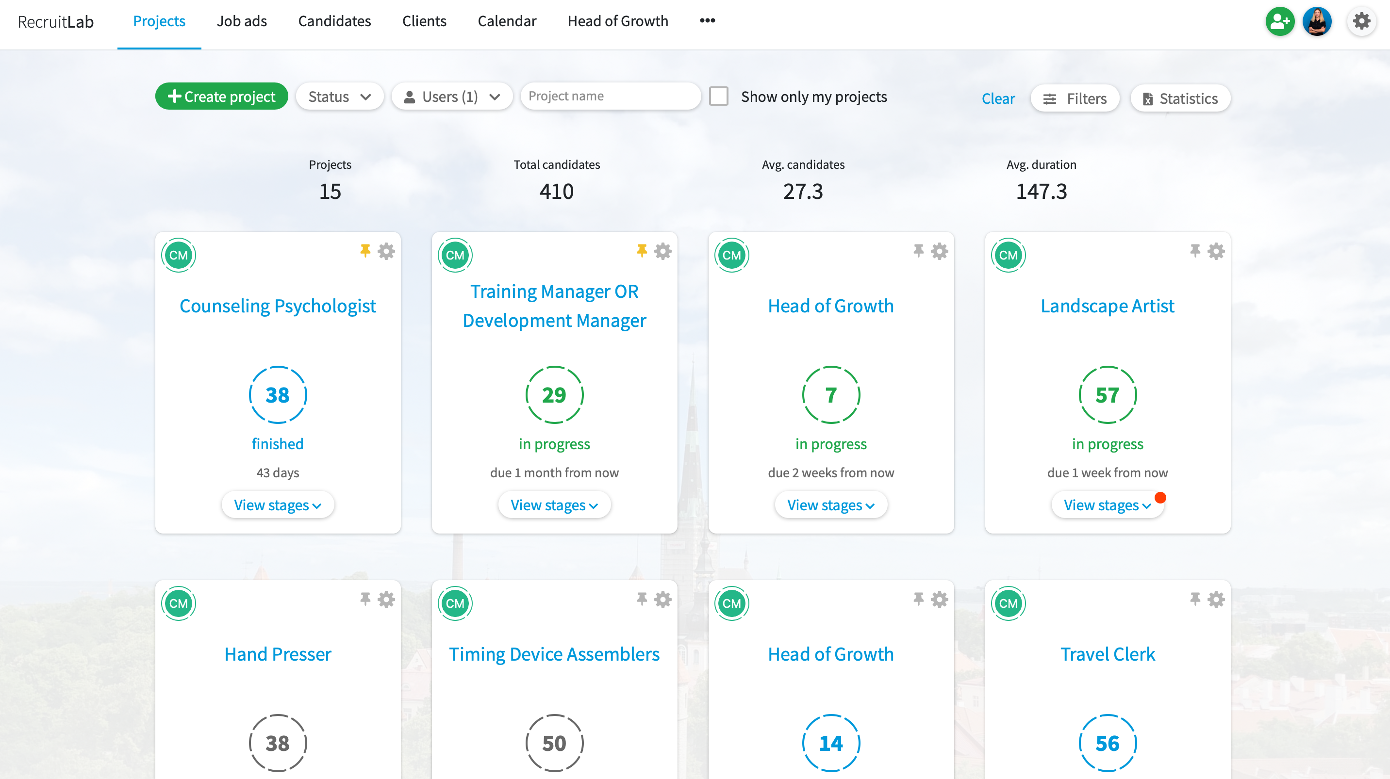 Recfruiter's dashboard. Overview of all the recruitment projects and statistics. Pin the most important projects to the top. Red notifications about new candidates or changes in the project.-thumb