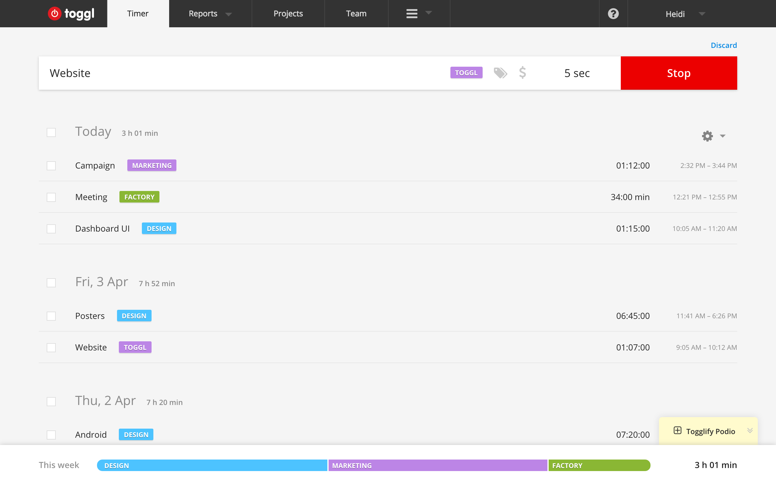 Toggl timer in-progress